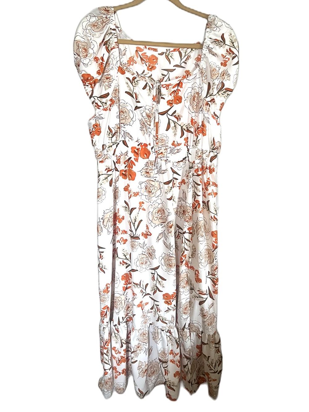 White Floral Maxi Dress with Orange and Brown Print Tie Neckline Fall Style 1XL